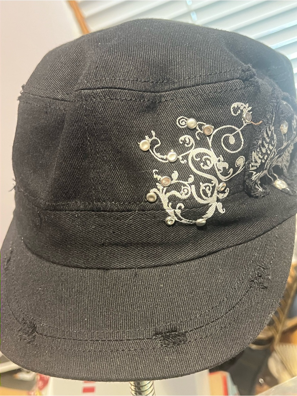 D&Y Black Cadet Military Cap Studded Distressed Cotton One Size